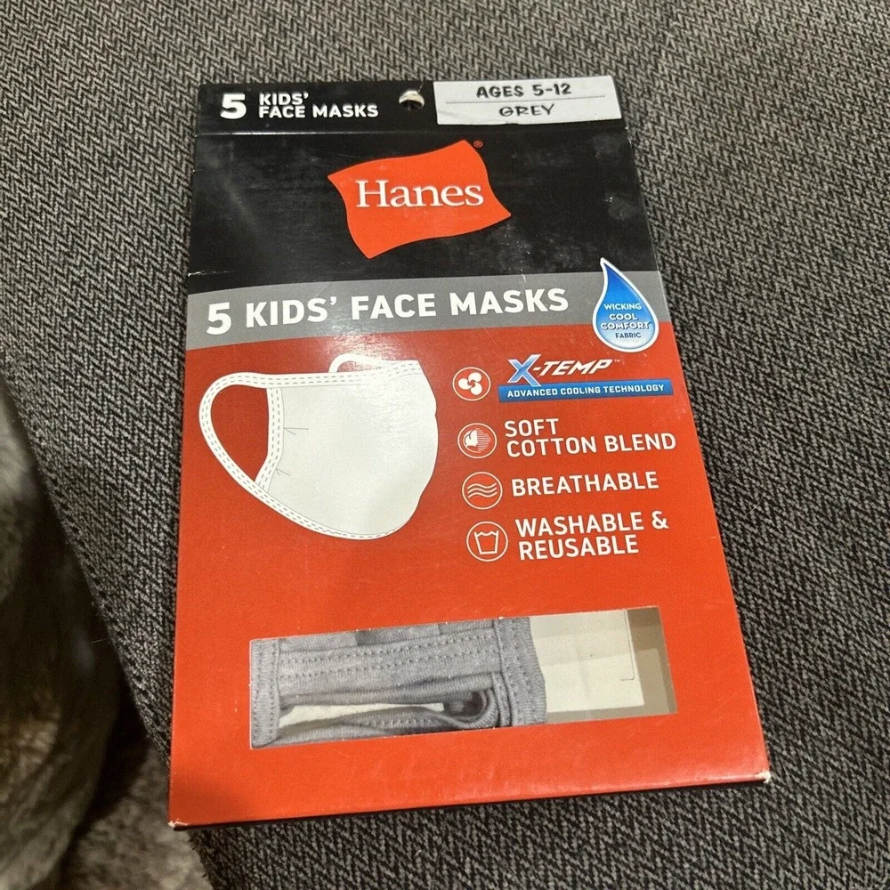 Hanes 100% Cotton Face Masks Pack of 5 Grey New Wicking Cool Comfort Kids 5-12